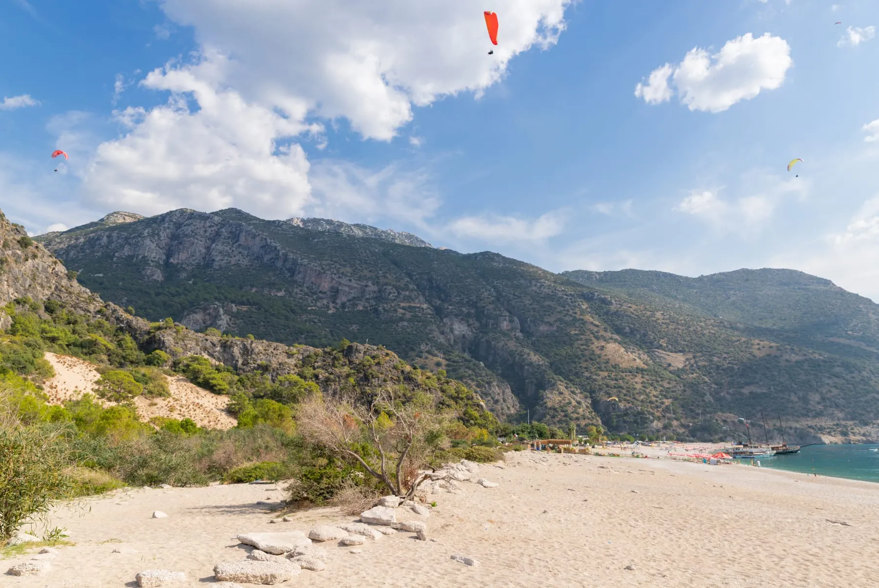 A paraglider flying above the Blue Lagoon at Oludeniz in Turkey