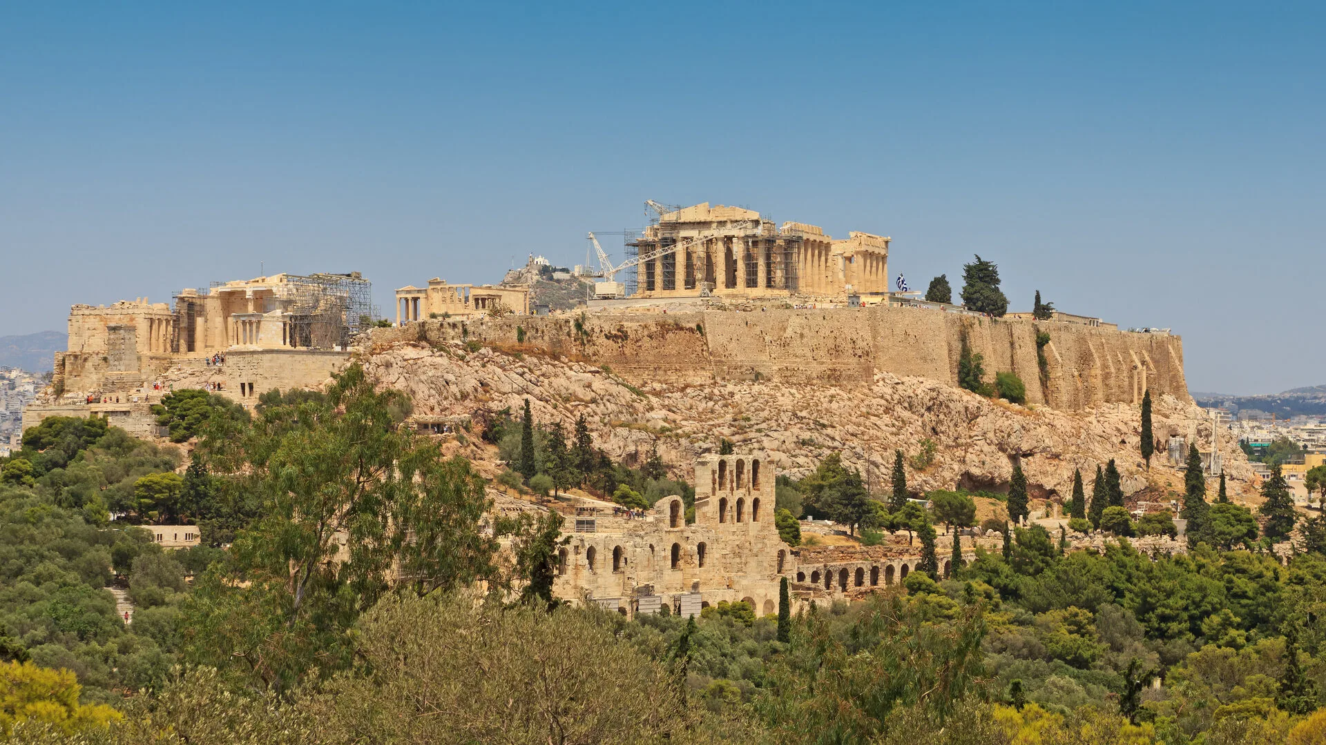 The Acropolis and Parthenon above the Odeon of Herodes Atticus, seen from Filopappou Hill in Athens, Greece