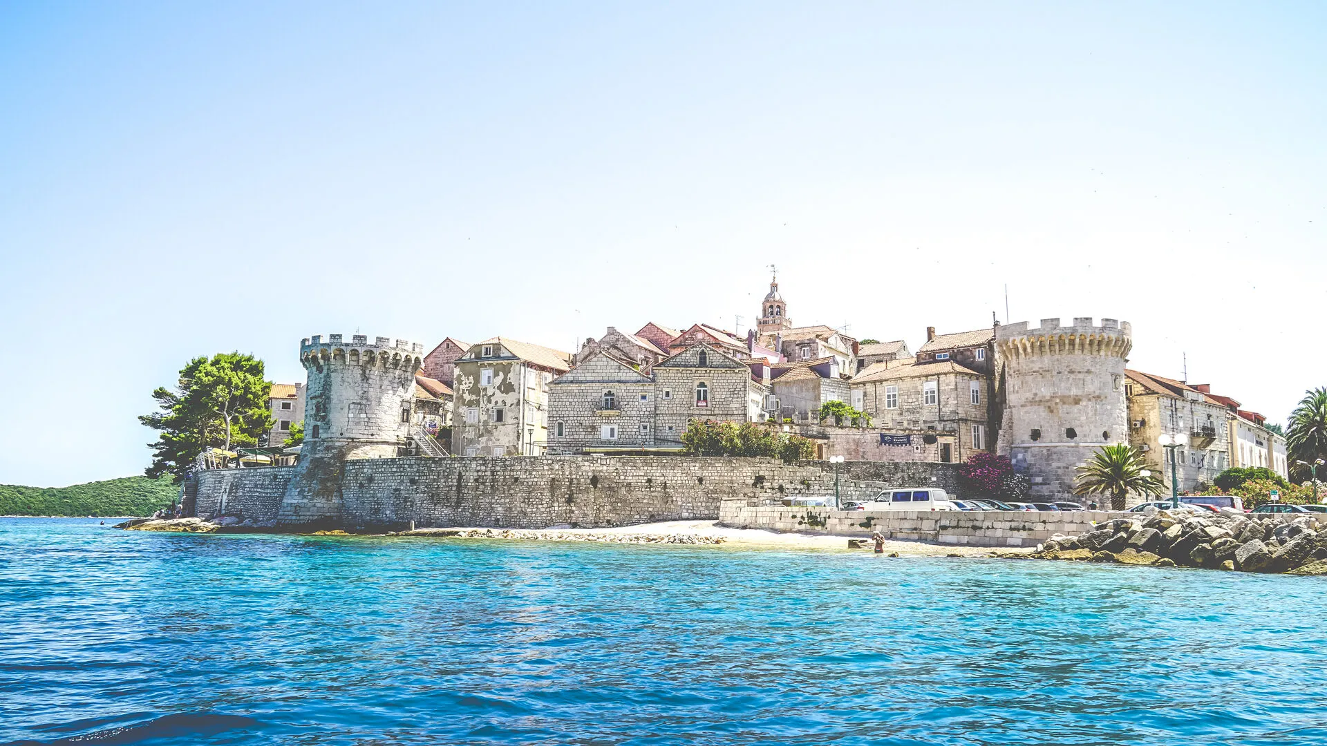 The walled old town of Korcula on its peninsula, seen from the sea