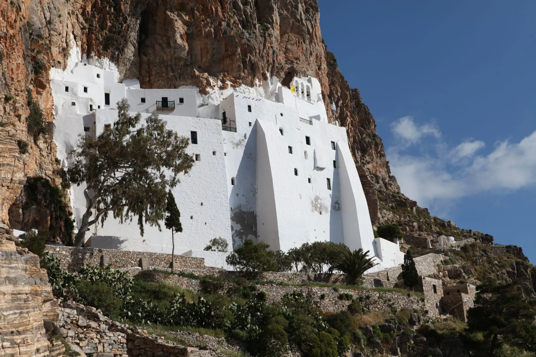 The white clifftop monastery of Panagia Hozoviotissa on Amorgos above the sea