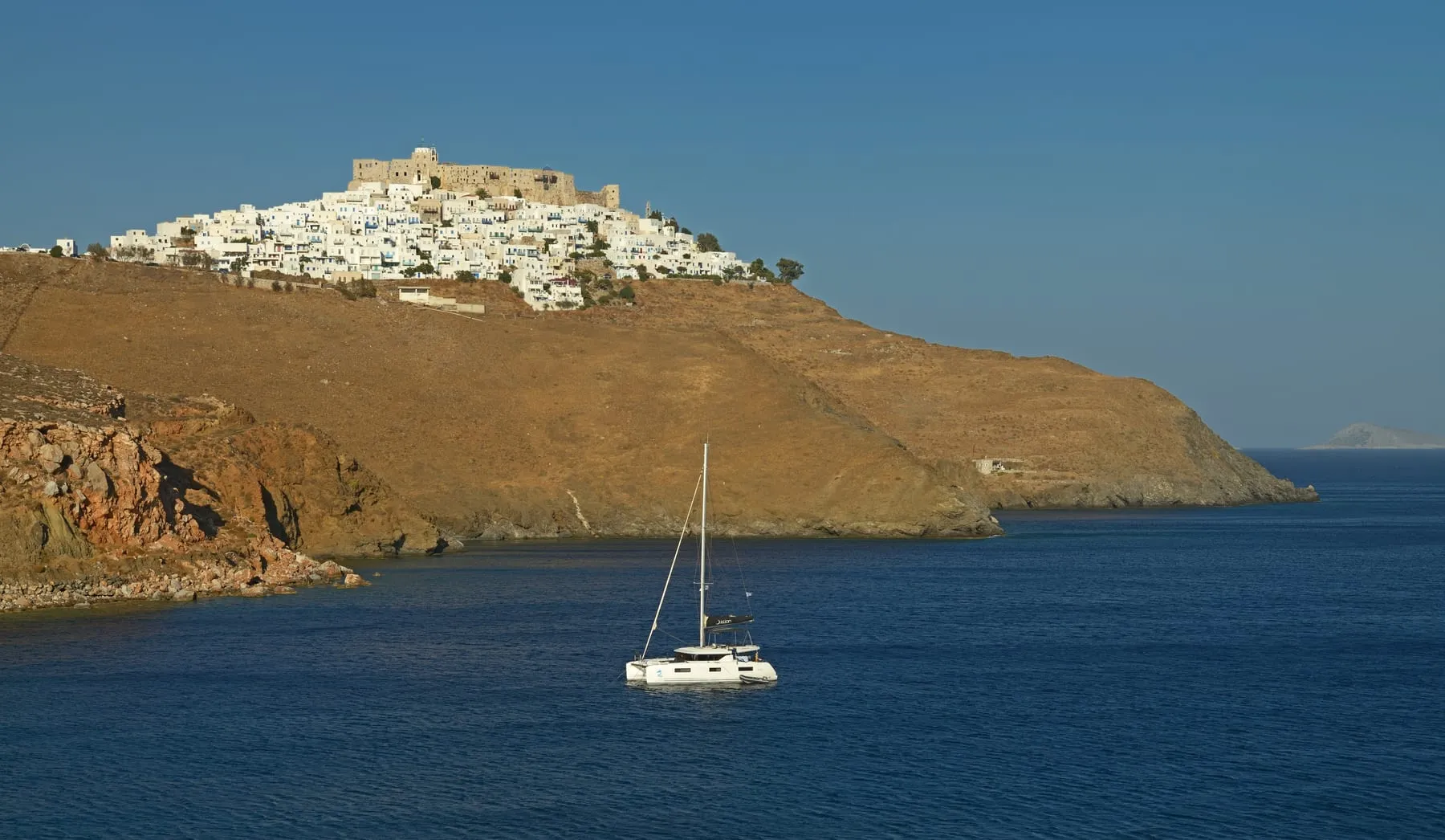 The hilltop Chora and castle of Astypalea seen from the west above the Aegean